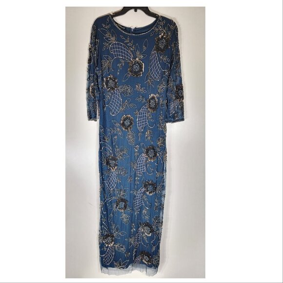 Pisarro Nights Beaded Evening Gown, Teal Blue, Womens Size 18 - Picture 2 of 6